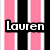 A four- displays text and symbols: 'Lauren' over pink and black stripes, 'Loves' over a purple heart, 'SOFTBALL' above a blue heart and softball, and a blank gray