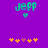 Purple background with teal 'jeff' text and heart, orange and pink star-like shapes below, two identical frames showing static content.
