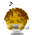 Pixelated yellow character with brown hair sings into white microphone, blue musical note floats above, four variations show hand and microphone position changes.