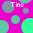 A static image with a bright pink background featuring scattered green and gray circles, each containing the text "Tina" in white pixelated font.