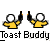 Pixelated static icon showing two yellow stick figures with white circular heads holding black bottles, below which is bold text reading "Toast Buddy" on a gray background.