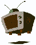 Pixelated retro television with antennae, brown body, gray frame, and two red buttons on the right side.