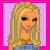Pixelated image of a blonde woman with long hair wearing blue clothing, set against a pink border and light purple background with text
