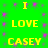 Green background with yellow text repeating 'I LOVE CASEY' in a pattern, surrounded by purple pixelated dots