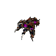 Animated contact sheet of a brown armored character with purple accents performing combat actions across 20 frames on gray background