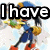 Pixelated character in blue outfit with yellow accents and red shoes, holding a green object against light background.