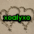 Six heart-shaped outlines with the text 'xoalyxo' in different colors, arranged in two of three on a textured beige background