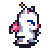 Pixelated character with white body, blue eyes, pink cheeks and hands, gray limbs, orange antennae tip; static pose on solid gray background.