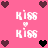 Pixelated pink background with repeated 'kiss' text and heart symbols in dark purple, black, and white.