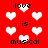Red background with white pixelated hearts and black text reading 'love is musical love' in a repeating pattern.