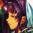 Pixelated anime-style character with purple hair and yellow face, side profile against colorful background, next to black with white text