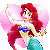 Pixelated animated contact sheet showing three frames of a mermaid character with red hair, blue top, and teal tail against pink heart background.