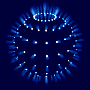 Five blue circular icons with radiating light effects on dark blue background, one gray rectangle in bottom-right corner.
