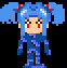 Pixelated character with blue pigtails and red eyes in two poses, accompanied by text reading 'Watch Out' and 'For Mayuka', plus three purple streaks.