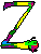 Six colorful Z-shaped pixel art icons arranged in two on a gray background, each with distinct color patterns and small decorative elements at the bottom