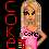 Pixelated static buddy icon featuring a cartoon woman with long blonde hair wearing a pink dress and black text on the chest, set against a dark background with red decorative elements.