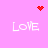 Pixelated pink background with four white 'LOVE' texts arranged in a , red heart and starburst icons at top corners