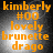 Orange text on dark background with bright central glow, displaying 'kimberly #00 lovely brunette drago' in pixelated font across four