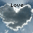 Pixelated heart-shaped icon with dark gray center and white outline, overlaid text 'Love' in black block letters against light blue background.
