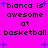 Pixelated text on a bright pink background with blue star shapes, repeating 'bianca is awesome at basketball' in two