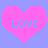 Two pink heart shapes with blue text reading LOVE on a light purple background, displayed side-by-side.