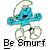 Pixelated blue Smurf character with white hat and pants, red mouth, raised arms in dynamic pose above text reading 'Be Smurt' on gray background.