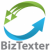 Green and blue arrow-shaped icons form a circular motion around a white center with scattered gray pixels, below which 'BizTexter' text appears in gray.