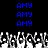 Blue pixelated text 'AMY' repeated six times on black background above grayscale pixelated crowd scene