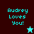 A split-screen pixel art image with four quadrants displaying 'Audrey Loves You!' text and star symbols in varying colors.