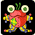 Pixelated red cartoon character with large white-and-green eyes, green antennae, yellow limbs, and a green circular mark on its chest against a black background.