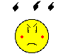 Yellow pixelated face with furrowed brows, red cheeks, and downturned mouth surrounded by black lightning bolts in two