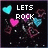 Pixelated animation with text changing from 'LETS ROCK' to 'WITH GOD', surrounded by floating hearts and abstract shapes on black background.