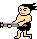 Pixelated character with black hair and black shorts holding a gray and yellow guitar-like object in various poses.