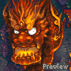 Pixelated creature with fiery orange-brown fur, glowing white eyes, and a wide open mouth showing sharp teeth against a dark background.