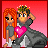 Pixelated cartoon couple with orange hair and green hair holding a heart that changes color across frames.