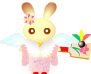 Pixelated bunny avatar with pink kimono, white wings, and flower on head holding a shogi piece in one frame and a floral scroll in another.
