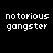Pixelated text "notorious gangster" appears in white on black background with blue rectangular overlays in various positions.