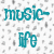 Pixelated teal text 'music-' above 'life' on white background with scattered gray pixels.