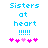Blue pixelated text "Sisters at heart" with six exclamation marks above five pink heart symbols on white background.