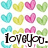 Pixelated heart-shaped icons in cyan, yellow, pink, and green arranged in a grid above handwritten text reading 'loveyou.'