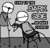 A black-and-white animated contact sheet of two stick-figure characters with text overlays, showing a frame-to-frame change in the seated character's posture.