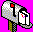 Pixelated mailbox icon with red flag, open door showing internal mail, and yellow base on bright pink background.
