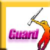 Static buddy icon featuring a yellow-orange gradient stick figure holding a white bat-like object above its head, with pink 3D text reading "Guard" on a white background bordered by a thick yellow frame.