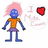 Pixelated character with blue skin, pink hair, orange shirt, purple skirt, and black gloves stands beside partial text reading "I" and a red heart symbol.