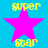 A static image with a bright blue background features four identical pink star icons arranged in a , each surrounded by yellow pixelated text reading "super" and "star" in a repeating pattern