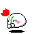 A 4-frame pixel art animation of a white rounded character with pink cheeks holding a red flower, showing facial expression changes across frames.