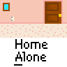 Animated contact sheet of a pixel art character from Home Alone moving through a hallway with brown doors and blue windows, displayed on gray background strips.