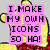 Yellow cartoon bear with red clothing, gray background, pink text boxes displaying 'I MAKE MY OWN ICONS SO HA!' and 'LOVE JULIA' in black pixelated font.