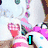 A pixelated image with a white and pink bunny-like character, a blue speech bubble, and colorful heart icons with faces.