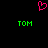 A static pixel art image with a pink heart symbol above two green 'TOM' texts on black background.
